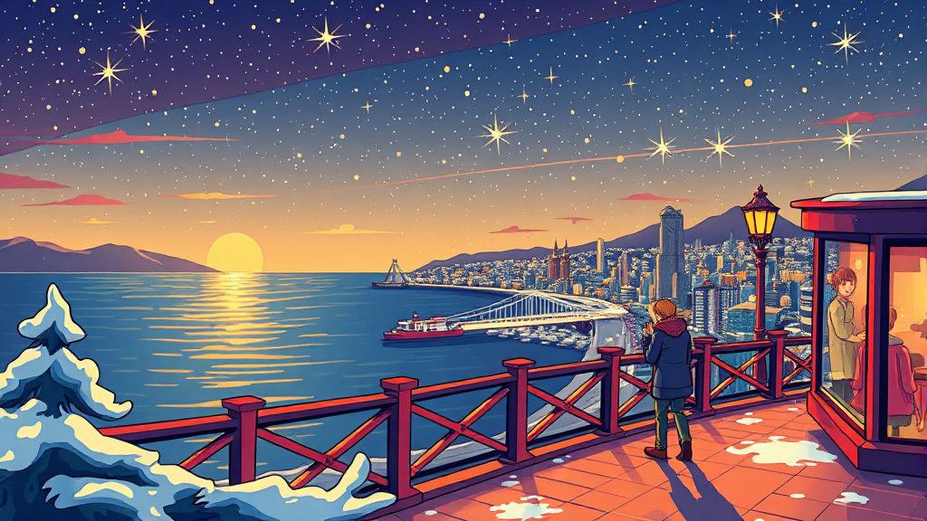 겨울 감성 여행: 바다와 야경 (cartoon 스타일)