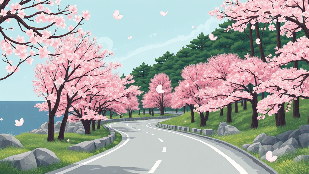 고흥: 벚꽃길과 편백숲, 그리고 제철 별미 (illustration 스타일)