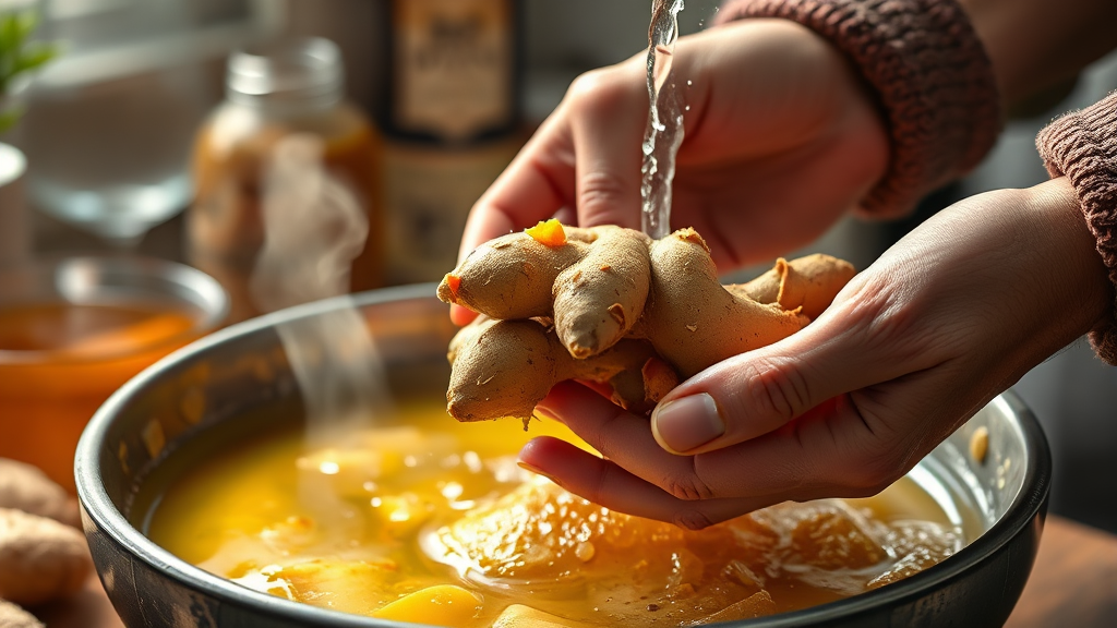 생강 손질 및 세척 방법 (realistic 스타일)