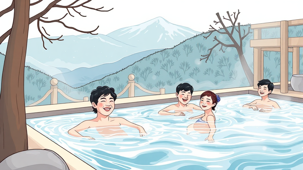 척산온천: 역사와 효능 (illustration 스타일)