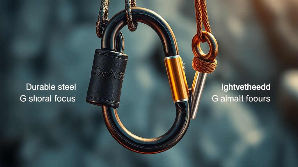 카라비너 재질별 특징 및 허용 하중 비교 (realistic 스타일)