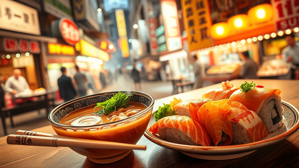 일본 대표 음식: 라멘 & 스시 (realistic 스타일)