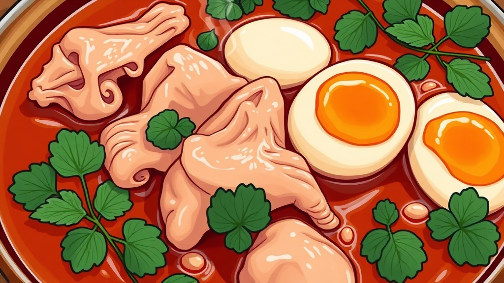 닭내장탕의 다채로운 맛과 식감 (illustration 스타일)