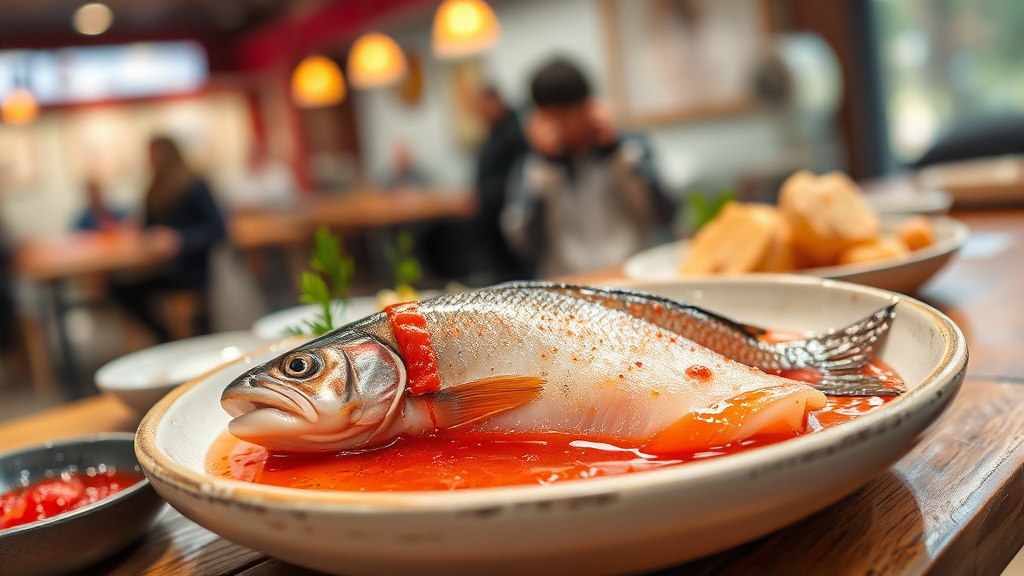 먹거리 장터 및 송어 요리 (watercolor 스타일)