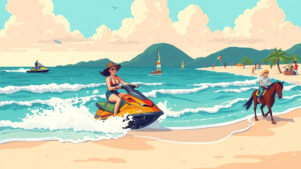 해변에서 즐기는 다양한 활동 (cartoon 스타일)