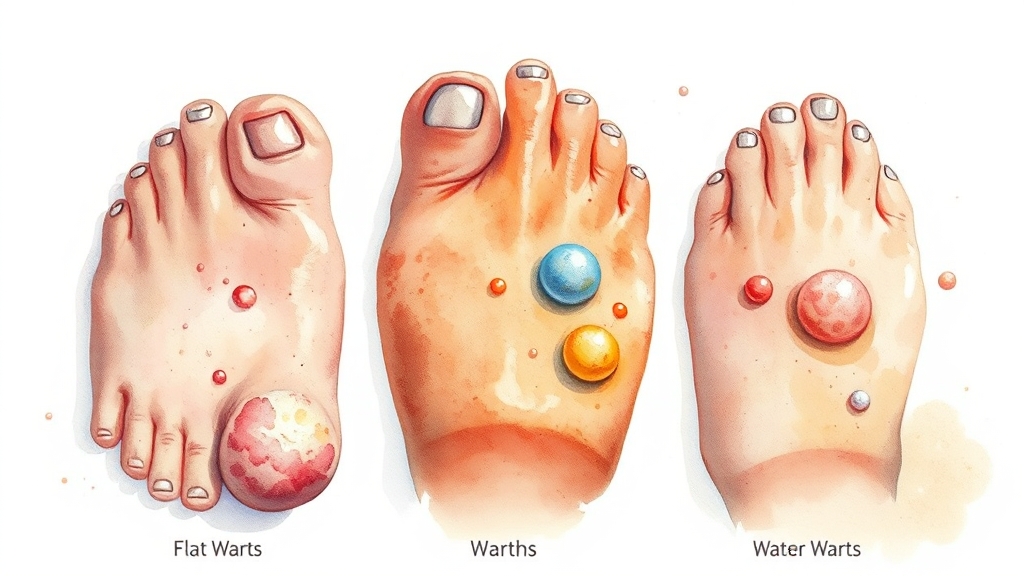 유사 질환 구분: 티눈 vs 물사마귀 (watercolor 스타일)