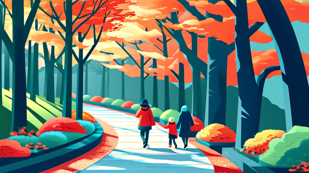 가족, 친구와 함께하는 즐거운 산책 코스 (illustration 스타일)