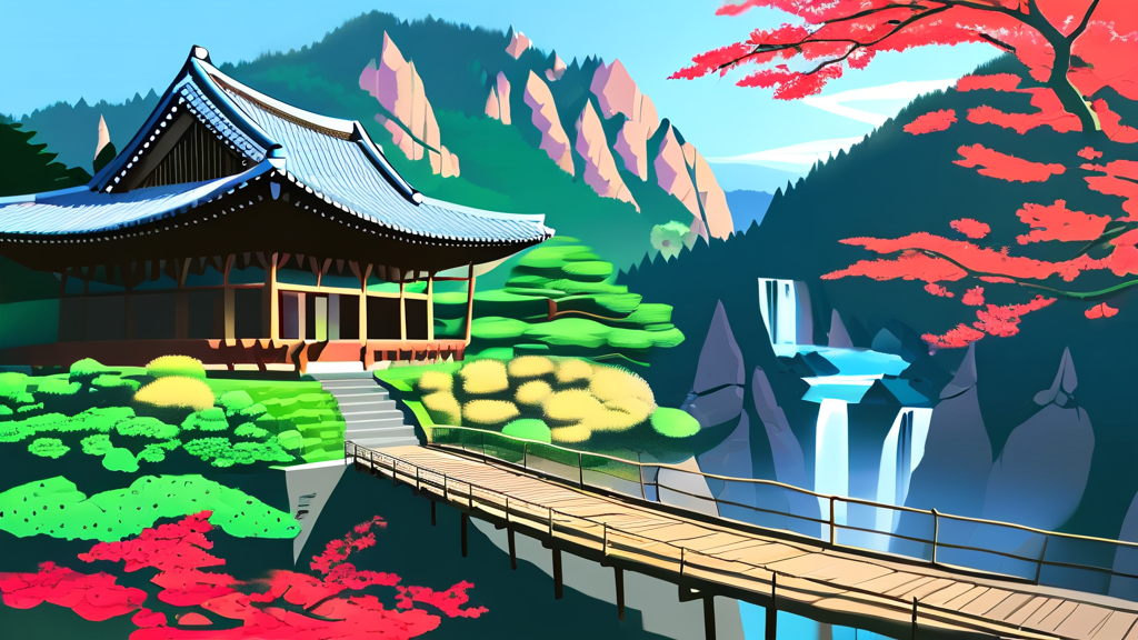 아우라지 주변 즐길 거리: 출렁다리, 여송정, 주막촌 (illustration 스타일)