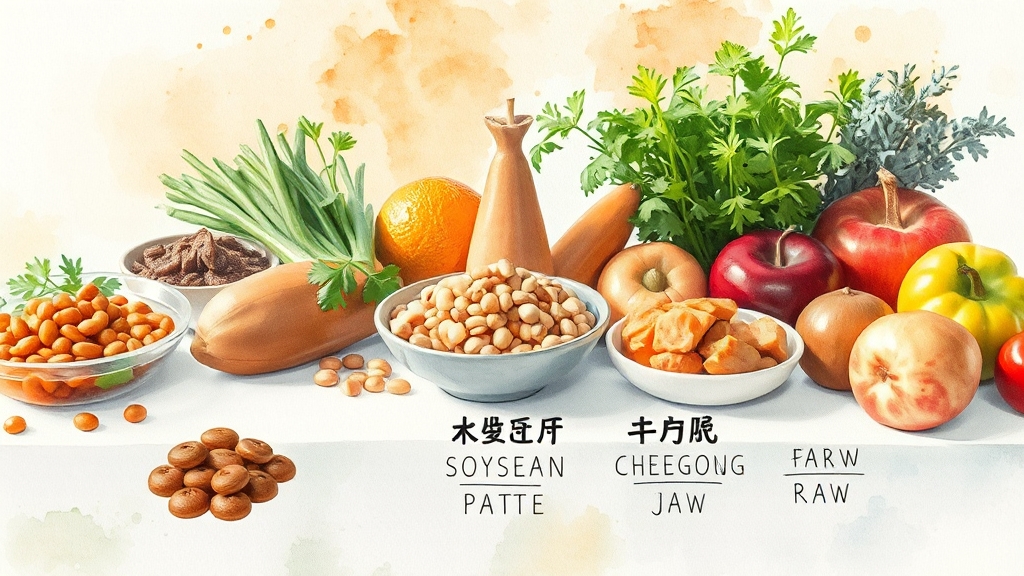 청국장 vs 된장 vs 생청국장 (watercolor 스타일)