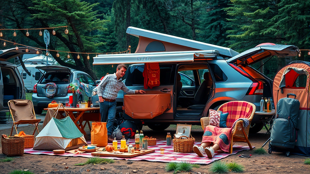 주요 전시 품목: 최신 캠핑 장비와 트렌드 (realistic 스타일)