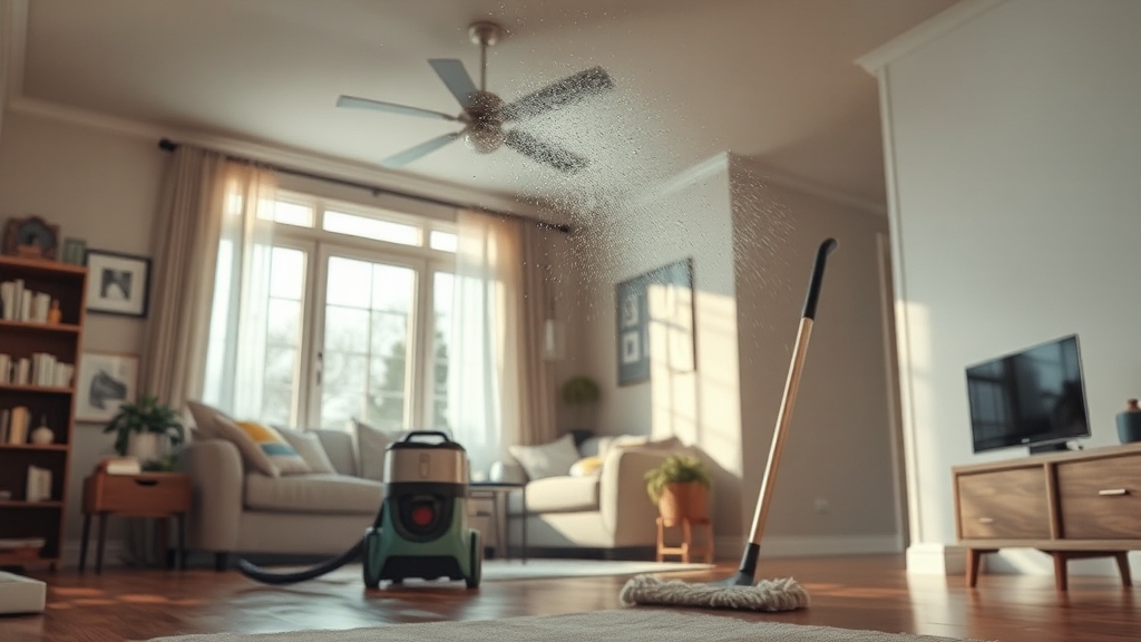 먼지 제거 청소 순서 및 팁 (realistic 스타일)