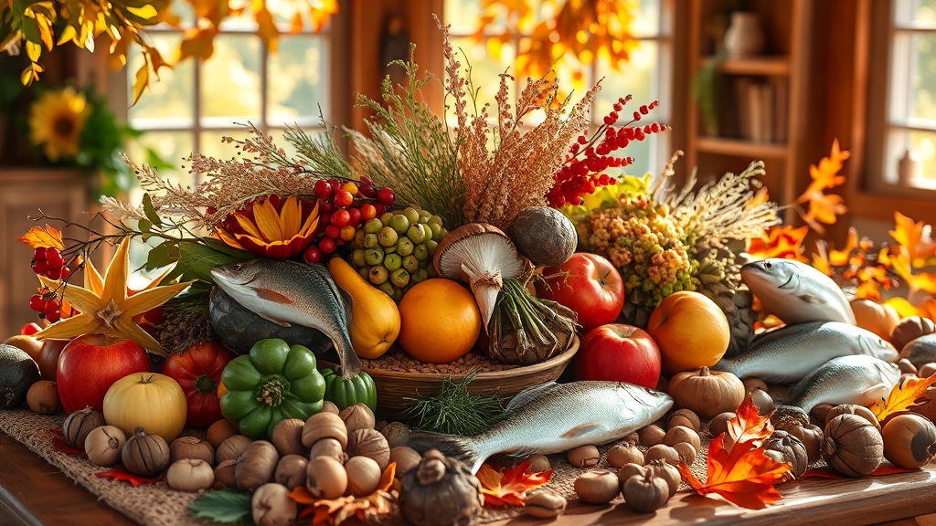 추분 음식: 건강과 풍요를 기원 (realistic 스타일)