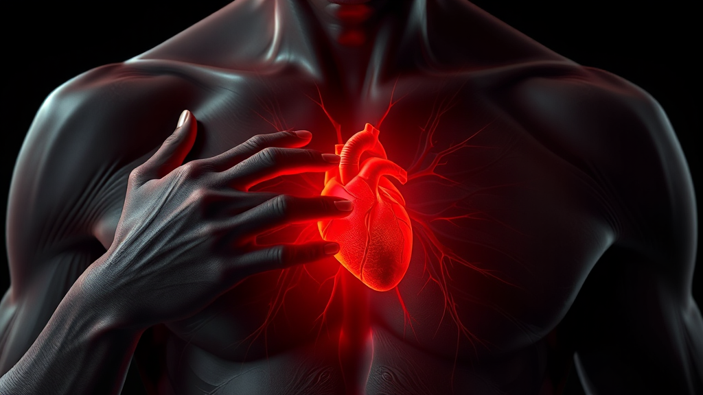 심근경색 전조 증상: 흉통 (realistic 스타일)
