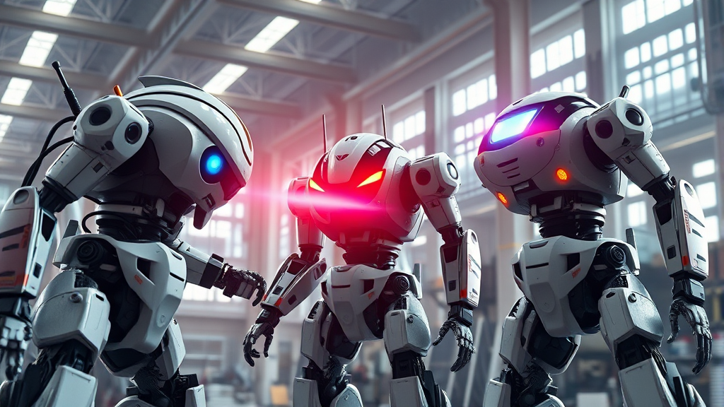 경쟁사 분석: 로보스타 vs 레인보우 vs 두산 (realistic 스타일)