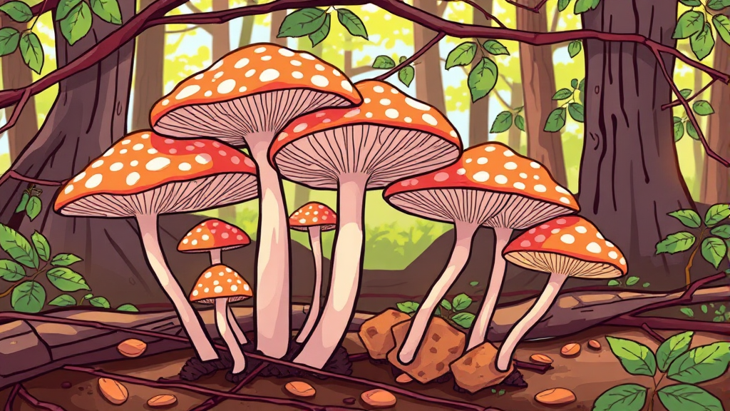 닥나무 버섯 채취 및 보관 (cartoon 스타일)