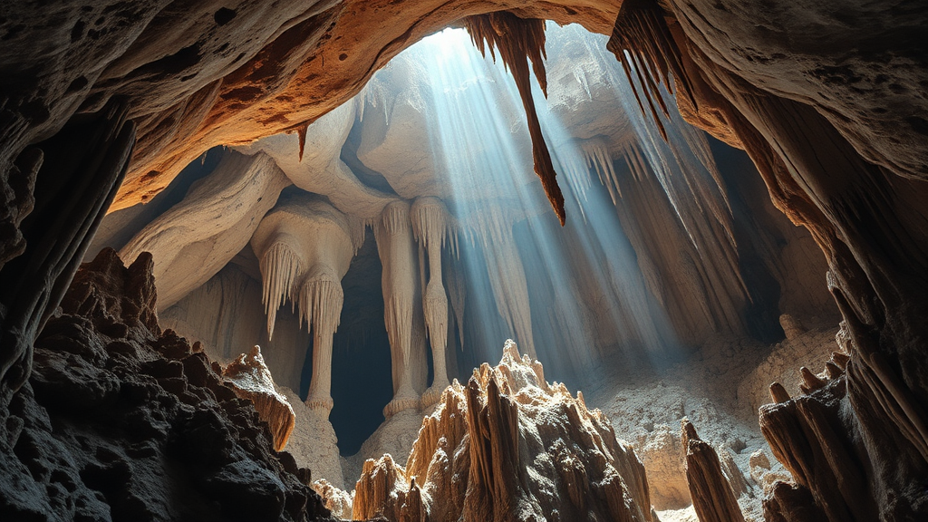 성류굴의 탄생: 수억 년의 시간 속에 빚어진 예술 (realistic 스타일)