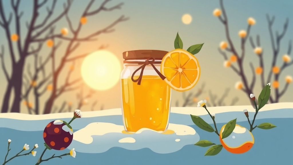 댕유자청, 겨울철 감기 예방과 건강 관리에 탁월한 선택 (illustration 스타일)