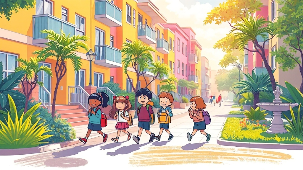 생활 인프라 및 교육 환경 (cartoon 스타일)