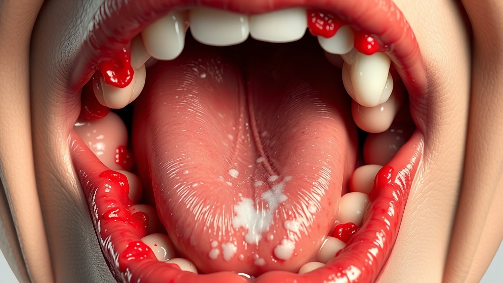 구순염 관련 질환: 구내염, 칸디다증 (illustration 스타일)