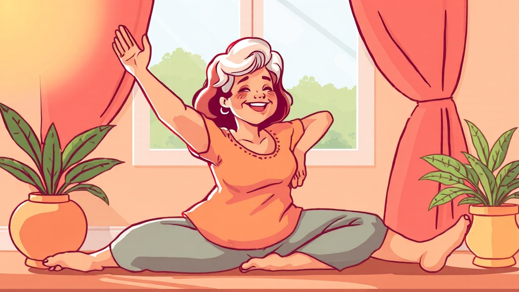 갱년기 관절통에 좋은 운동 및 스트레칭 (cartoon 스타일)