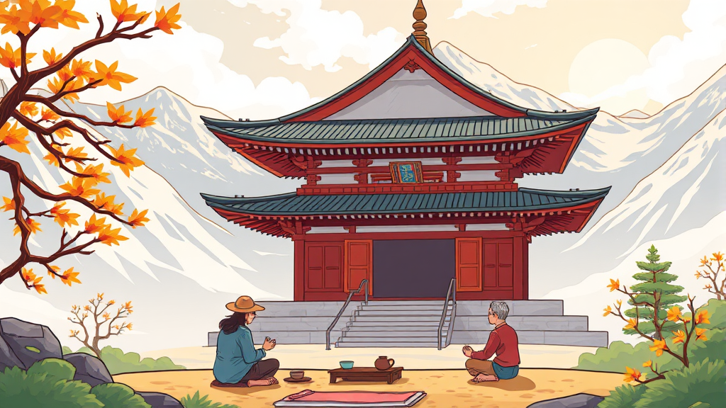 템플스테이, 단순한 체험을 넘어선 삶의 성찰 (cartoon 스타일)