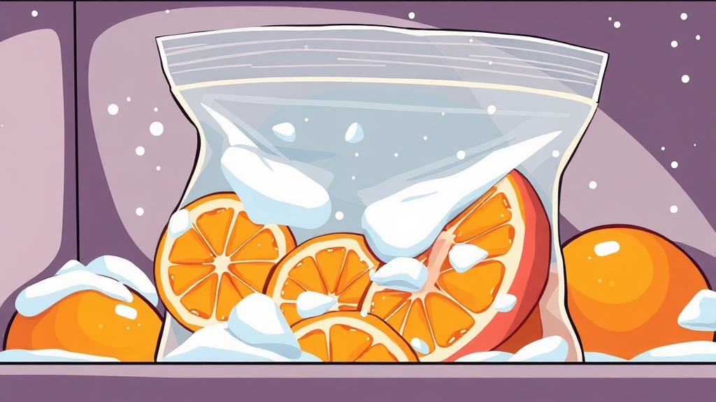귤 보관법: 냉동 보관 (cartoon 스타일)
