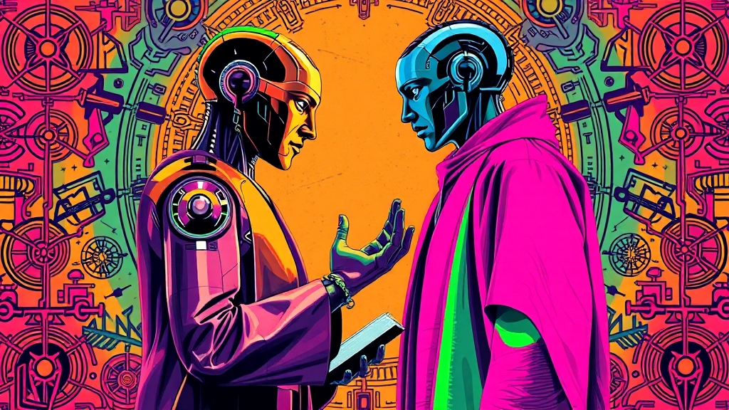 인간 vs AI, 이성과 판단의 본질 (popart 스타일)