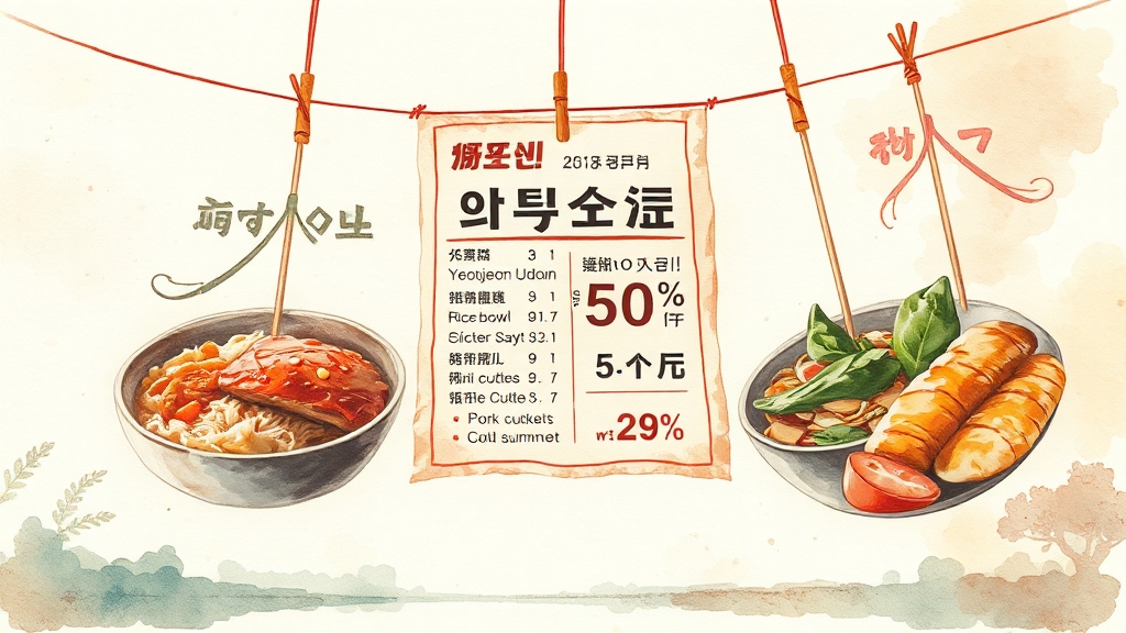역전우동 인기 메뉴 할인 비교 (watercolor 스타일)