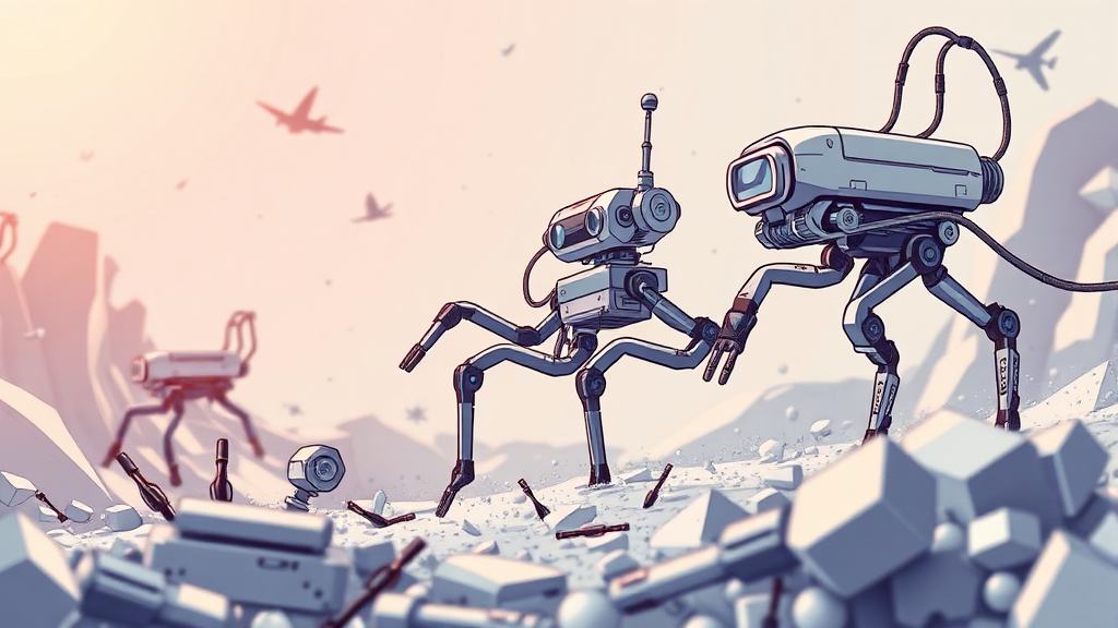 눈에 보이지 않는 혁신: 마이크로 로봇, 미래를 열다 6 산업 및 국방: 마이크로 로봇의 무궁무진한 응용 (illustration 스타일)