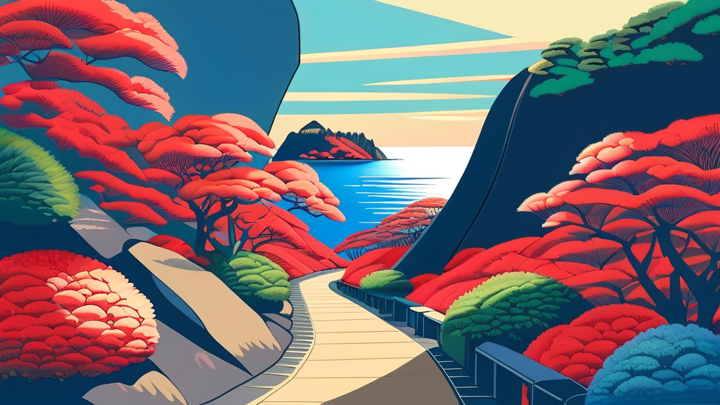 동백꽃과 함께하는 힐링 여행, 지심도 동백꽃 군락 (cartoon 스타일)