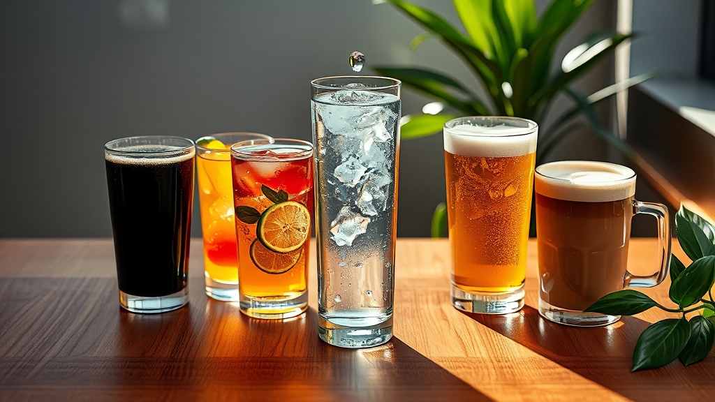 음료 종류별 수분 보충 효과 비교 (realistic 스타일)