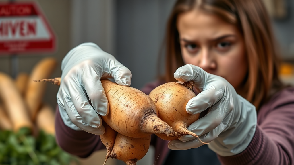 마 섭취 시 주의사항 & 부작용 (realistic 스타일)