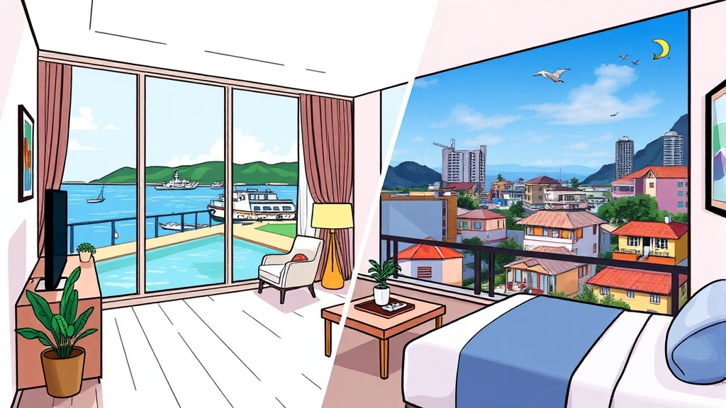 객실 종류별 후기 비교 (씨뷰 vs 시티뷰) (illustration 스타일)