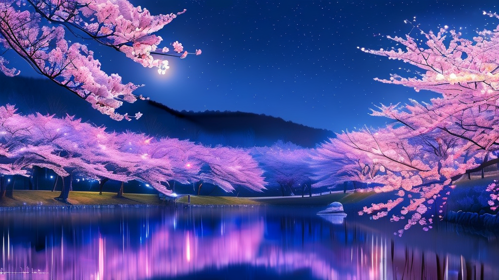 연화지 야경의 황홀경: 벚꽃과 함께하는 특별한 순간 (realistic 스타일)