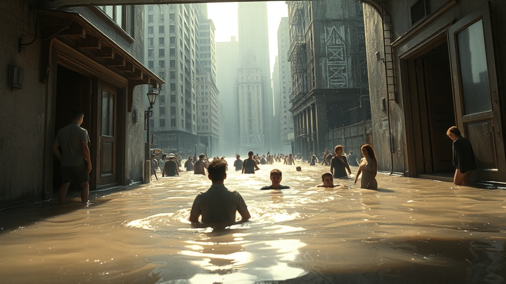 꿈 속 침수: 감정적 압박과 현실 문제 (realistic 스타일)