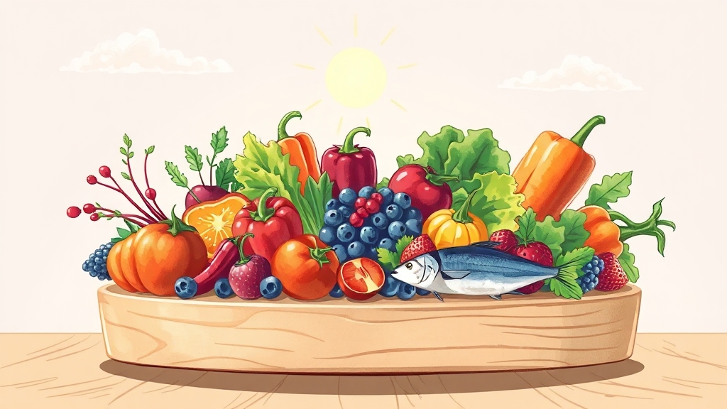 염증 감소 식단 가이드: 주요 식품 (cartoon 스타일)