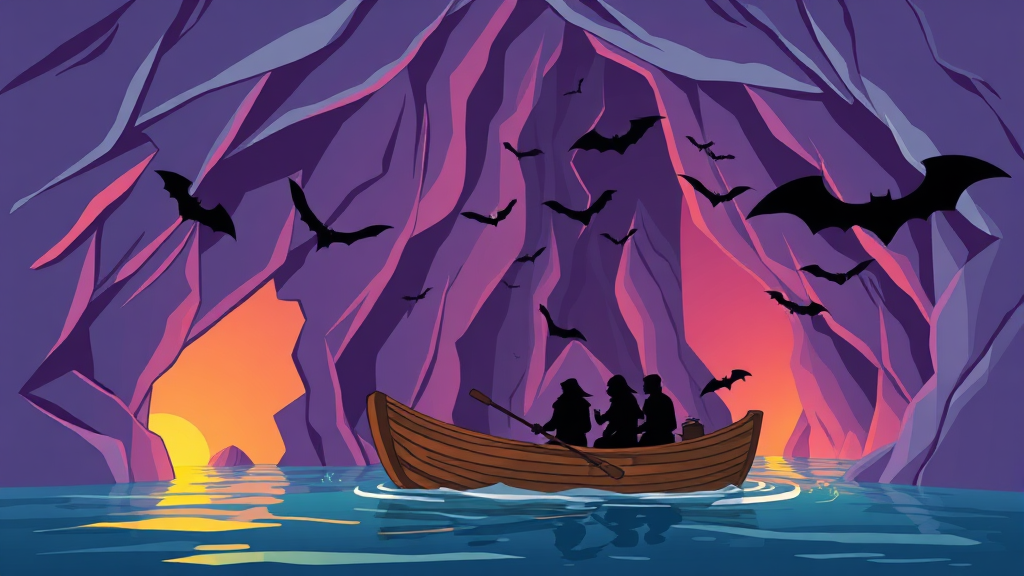 주요 시설: 동굴 탐험 (cartoon 스타일)