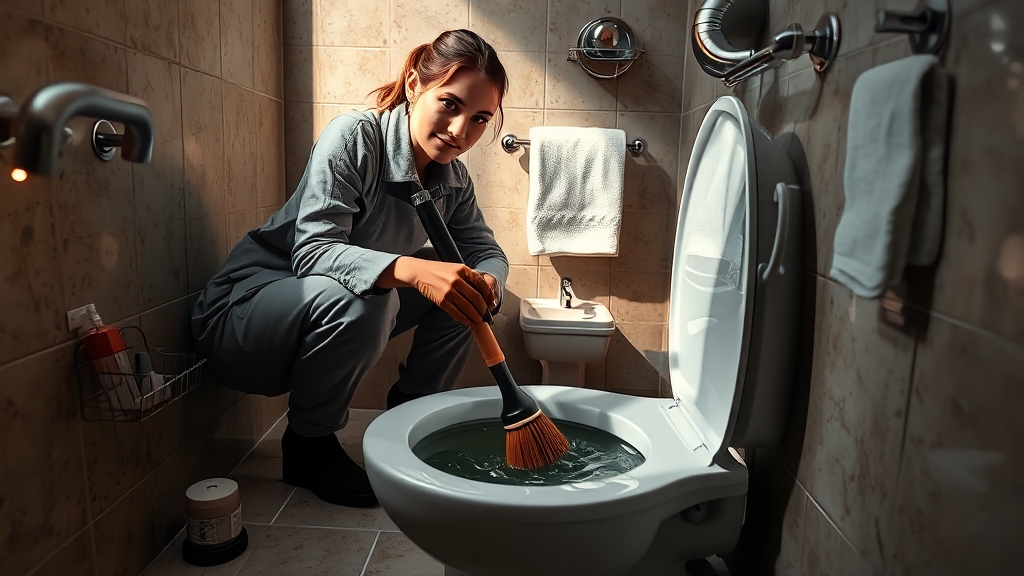 변기 막힘 해결: 청소솔 활용법 (realistic 스타일)
