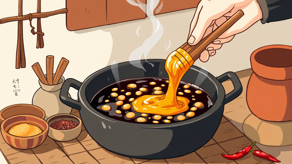 항아리 소독부터 장 담그기까지: 단계별 상세 과정 (illustration 스타일)