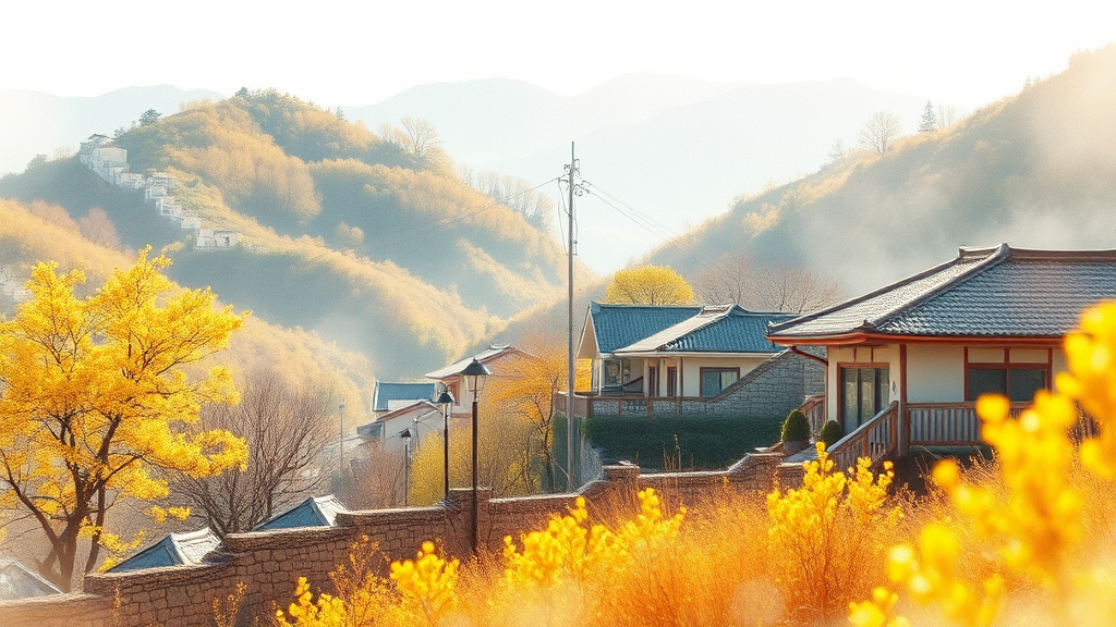 구례 산수유마을 축제: 지리산 자락의 황금빛 물결 (watercolor 스타일)