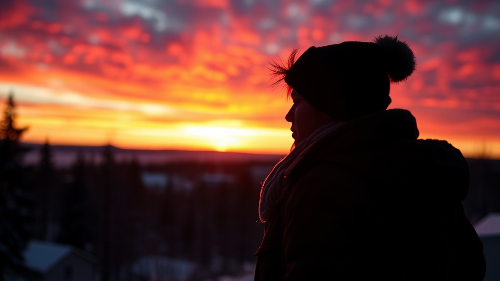 색다른 겨울 여행: 일몰 테마 (realistic 스타일)