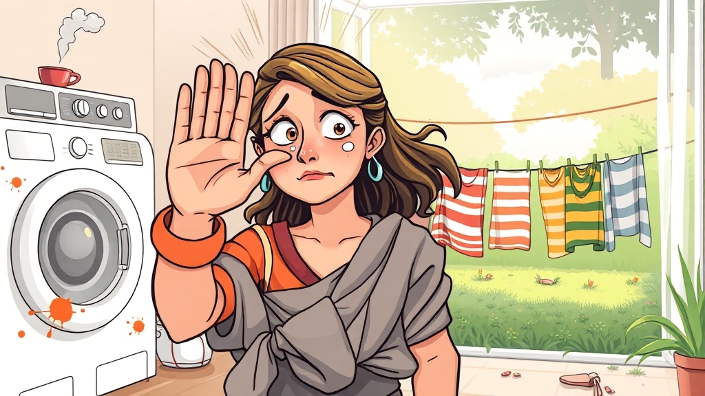 쉰내 원인: 땀, 세균, 곰팡이 (cartoon 스타일)