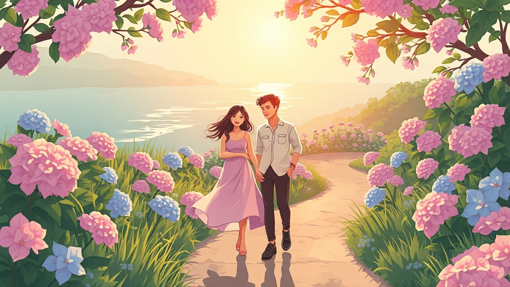 숨은 명소, 로맨틱한 분위기 만끽 (cartoon 스타일)