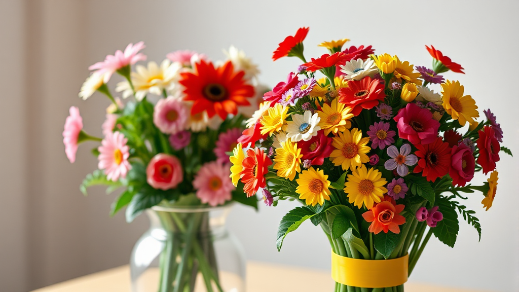 생화 vs 레고 꽃다발 (realistic 스타일)