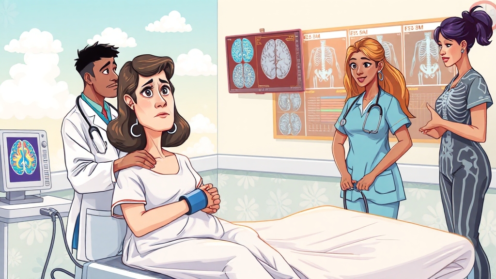 진단 및 치료: 검사, 진료과, 응급 대처 (cartoon 스타일)