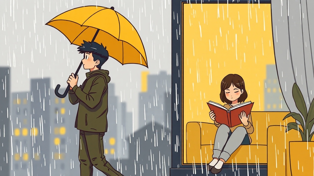 장마철 휴가, 어떻게 보낼까? (cartoon 스타일)