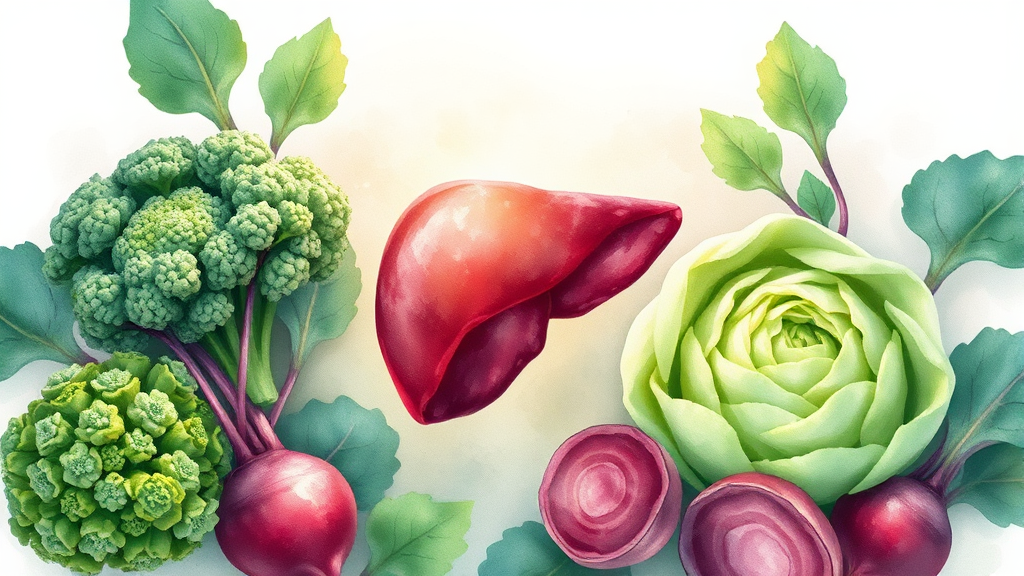 간 해독을 돕는 채소와 식품 (watercolor 스타일)