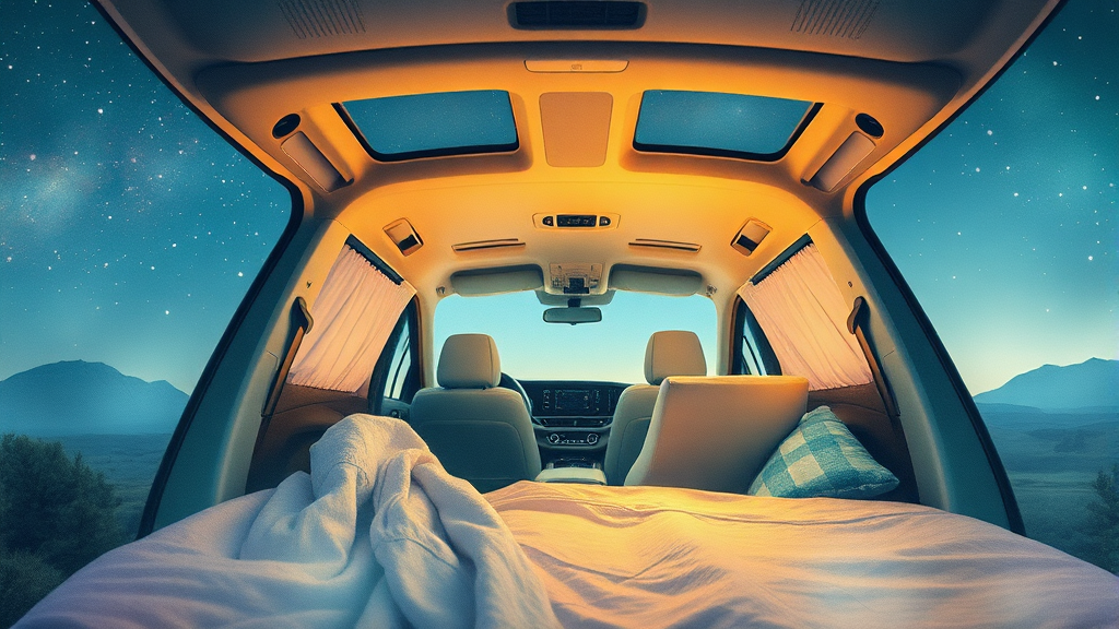 캐스퍼 전기차 실내 공간 & 차박 기능 (watercolor 스타일)