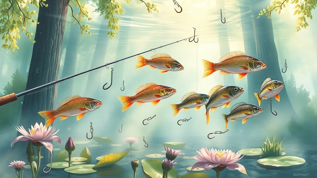 낚시 기법에 따른 웜 바늘 크기 조절 (watercolor 스타일)