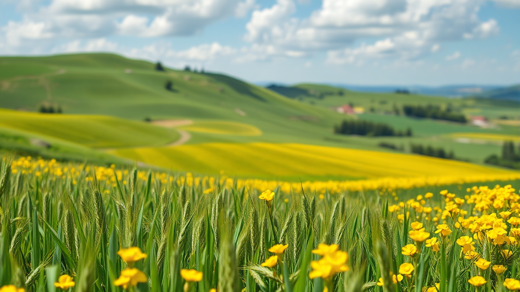 봄의 절경: 청보리와 유채꽃의 황홀한 만남 (realistic 스타일)